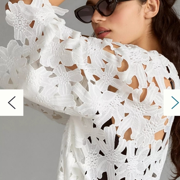 Floral Eyelet Kaftan White Midi Dress with Collar and Flutter Sleeves - Picture 3 of 16